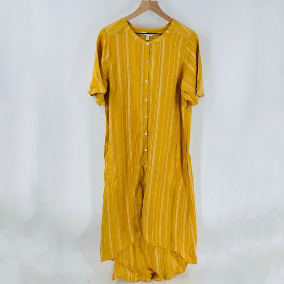 NWT Garnet Hill Linen Button Front Striped Maxi Dress Mustard Yellow Size Medium - Picture 1 of 11
